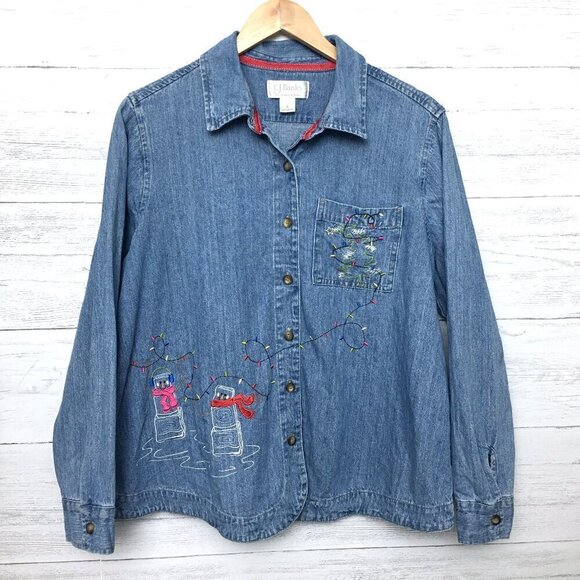 CJ Banks Tops - CJ Banks Women's Denim Shirt Christmas Embroidered Holiday Jean Shirt Whimsical